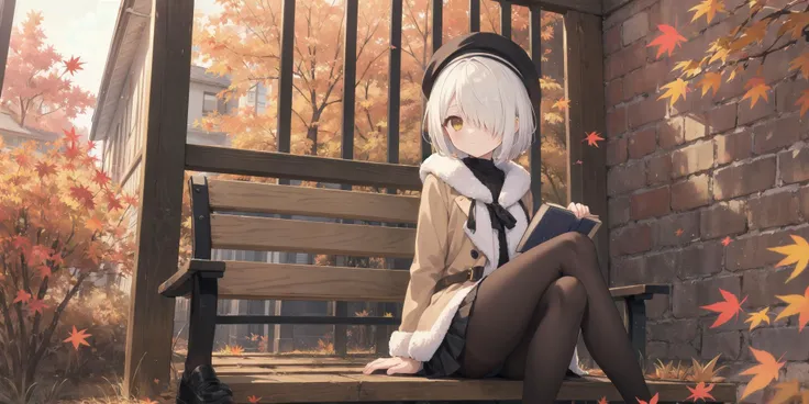 depth of field, (autumn light:1.2), 1girl, white hair, short hair, long banns, golden eyes, hair over one eye, put book on her knee, slight smiling, beige fur coat, black painters hat worn a side, black pantyhose, sitting on a wooden bench, outdoors, red b...