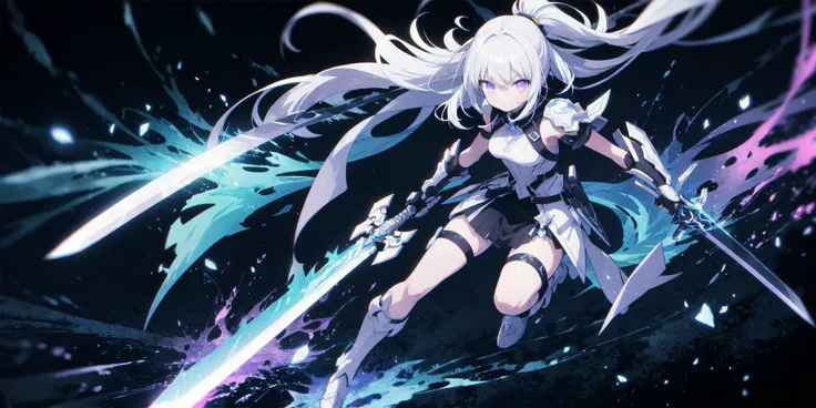 colorful, 1girl, white hair, purple eyes, dual wielding, sword, holding sword, blue flames, glow, glowing weapon, light particles, wallpaper, chromatic aberration, full body,