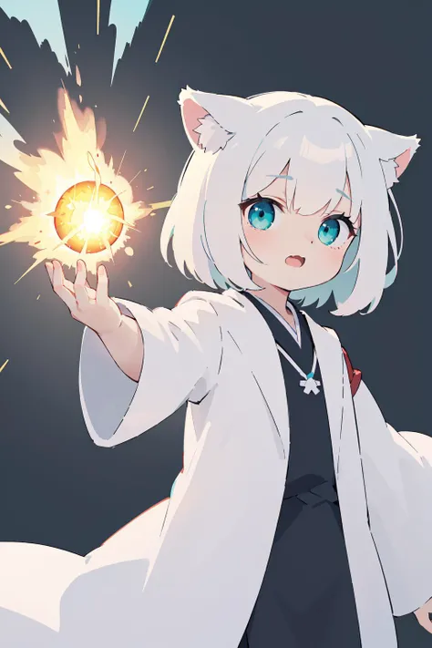 best quality, 1girl, white robe, animal ears, white hair, aqua eyes, glowing eyes, hand focus, reaching, outstretched hand, (atomic fission front hand), spell, magic