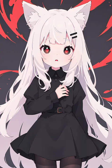 1girl, petite, furry, white hair, fox ears, red eyes, black dress, black tights, expressionless, black hairpin, digital art, pupils, skin showing through clothes, transparent dress, curly bangs