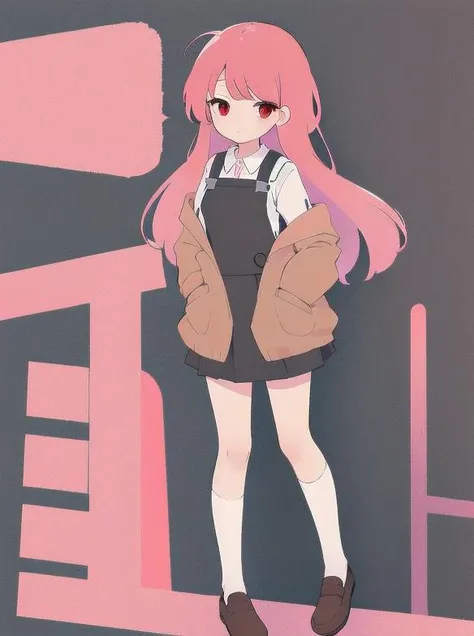 (pink hair), long hair, straight hair, solo female, ((red eyes)), solo focus, solo, nervous, swept bangs, small breasts, black suspender skirt, full body, shirt tucked in, straight hair, illustration, brown cardigan,