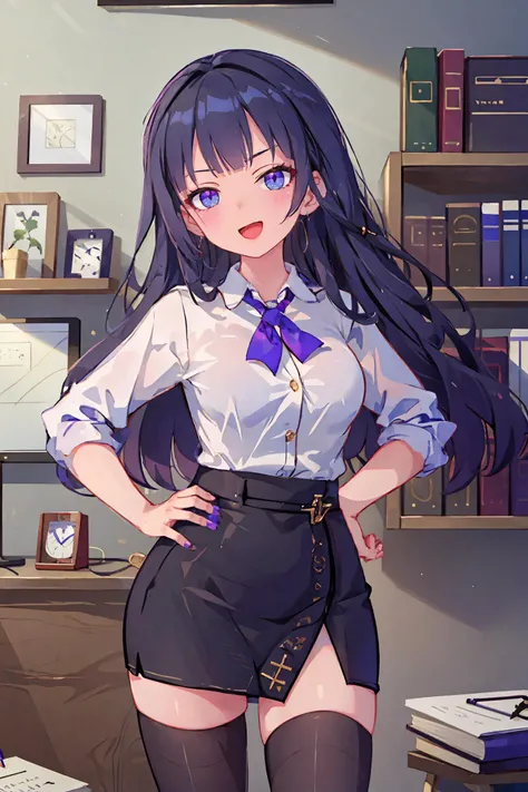 1girl, raiden mei, solo, office lady, collared shirt, white shirt, pencil skirt, black thighhighs, glaring, looking at viewer, cowboy shot, hand on hip, office, indoors, depth of field, <lora:face-Smug:0.8>, smug, open mouth, masterpiece