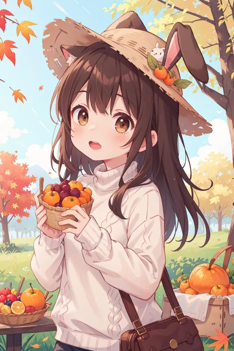 a girl in a hat holding a basket of fruit in a field