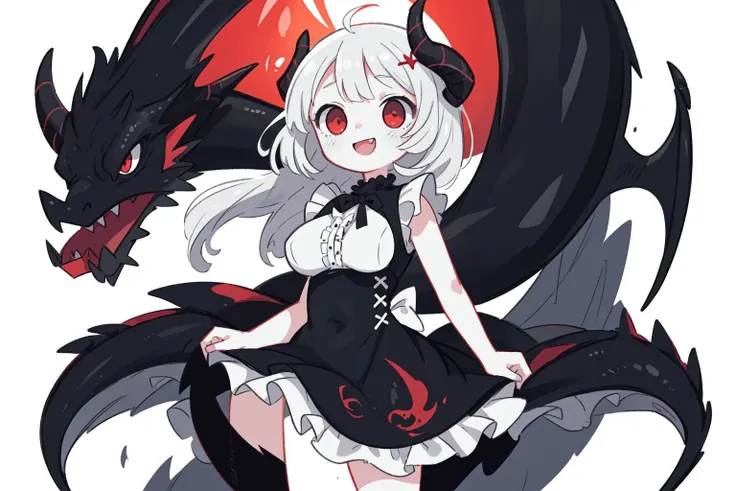 anime girl with black and white hair and a black and red dragon