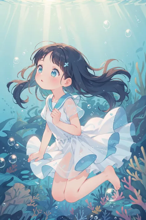 a girl in a white dress is running through the water