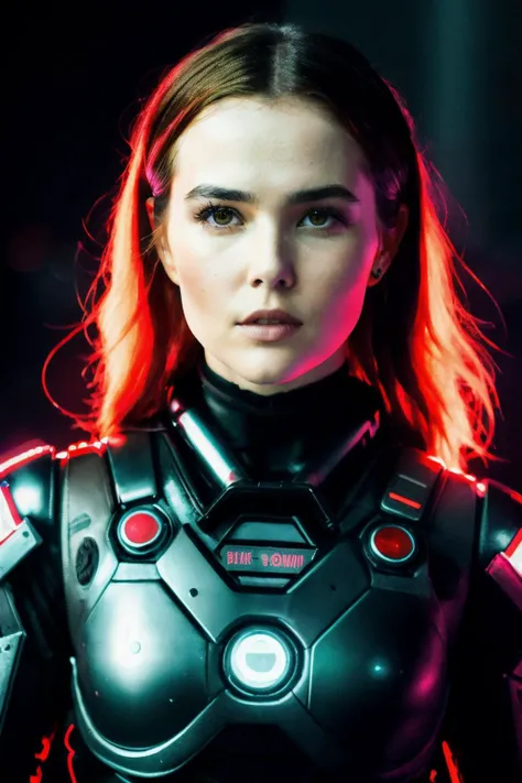 zoeyDeutch1, ((best quality)), ((masterpiece)), (detailed), Midjourney Style, close-up, woman, robot, red eyes, concept art, inspired by Marek Okon, digital art, Crysis Nanosuit, futuristic, (glowing elements:1.1), 4:3 aspect ratio, dynamic duo