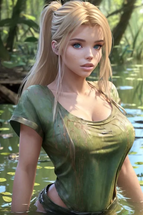 a photo of a stunning S026_AllaBruletova, in a (swamp:1.2), wearing a (dirty_shirt:1.2), (8k, RAW photo, best quality, ultra high res, photorealistic, masterpiece, ultra-detailed, Unreal Engine)