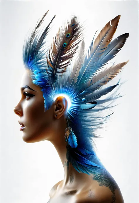 dvr-wwyt, a woman with pixie mohawk hair, brush bristles and feathers, double exposure <lora:dvr-wwyt:1>