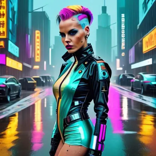 medium shot of Cybergirl, colorful punk style, shaved hair, dark rainy smoggy Cyberpunk cityscape