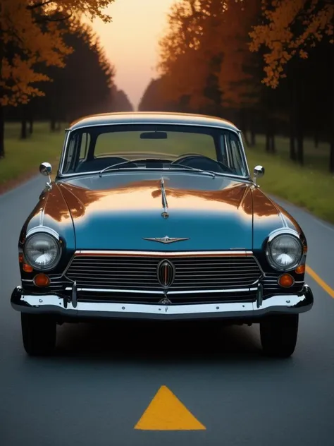 a close up of a car driving down a road near trees