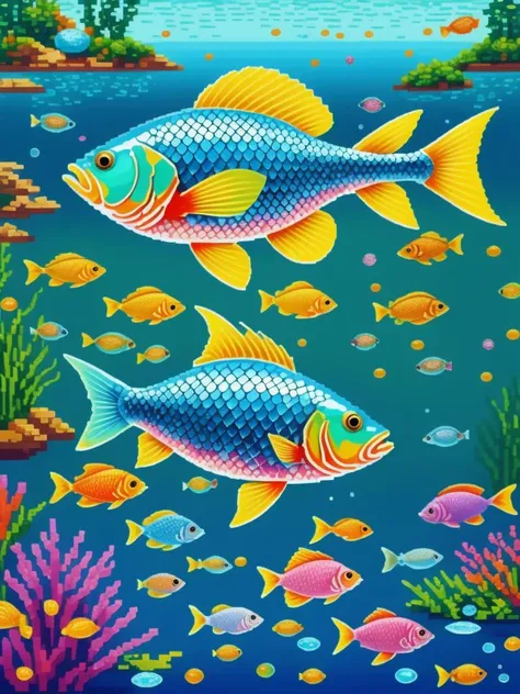 a painting of a group of fish swimming in the ocean