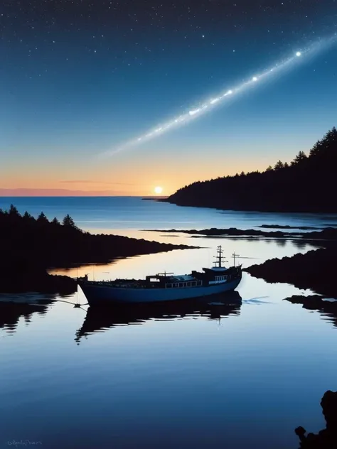 painting of a boat in the water with a bright star in the sky