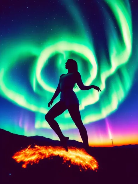 a woman standing on a surfboard in front of a bright aurora bore