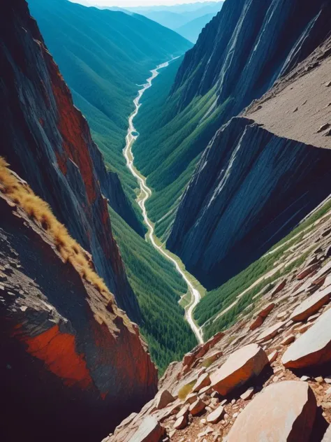 a view of a valley with a river running through it