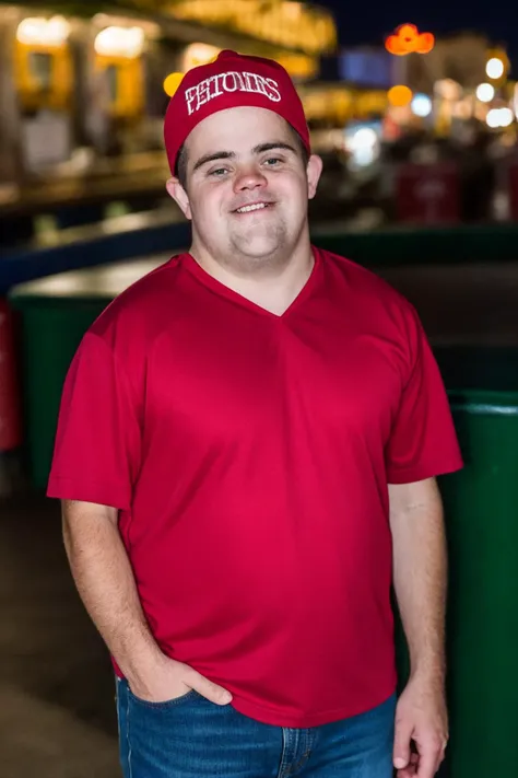 medium close up shot, <lora:Chromosome_1.5:0.8>, realistic photo of a down syndrome adult male, short, wearing a jersey, wearing jeans, wearing a red cap, standing outside a bar, night time, city lights, looking at viewer, (sharp focus, highly detailed, 4k...