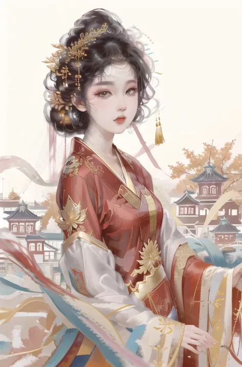 masterpiece, high quality,1girl,looking at viewer,east asian architecture, xqgirl, upper body,red clothes<lora:XF_BS2_Model_NAI:0.8> <lora:OilPaintStyle_v1:1>