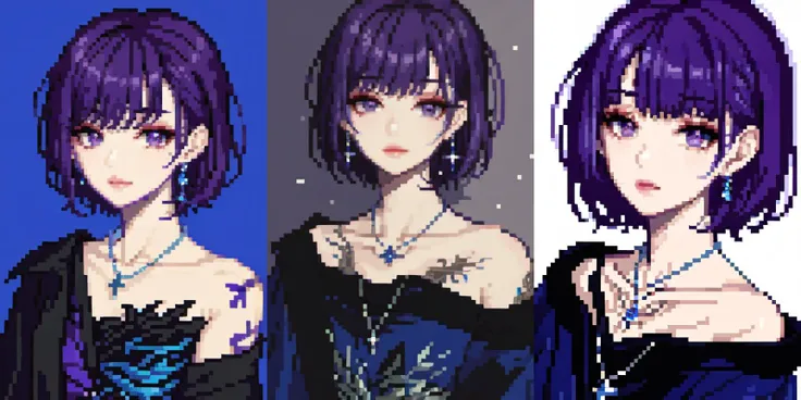 three different colored images of a woman with purple hair