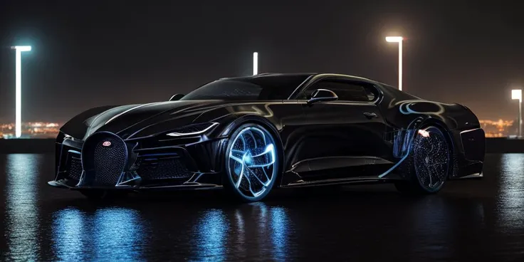 Bugatti La Voiture Noire,masterpiece,  Bugatti,highly detailed photorealistic 8k raw photo,Rainy night, night,bright tones,real light and shadow,best cinematic quality, volumetric lighting and shadows, the front of the car has a Camaro logo,1girl driving c...