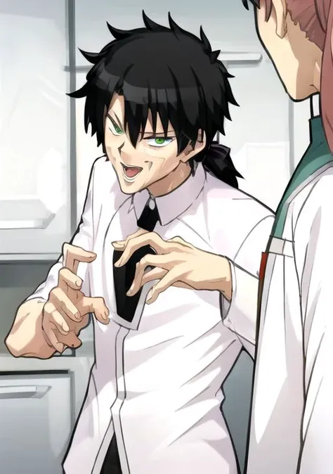 <lyco:Joey2-08:0.7> Joey2, open mouth, black hair, green eyes, ponytail, male focus, multiple boys, 2boys, meme, style parody, chaldea uniform