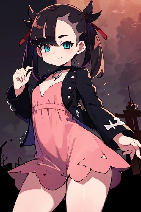 <lora:Zankuro_AnyLora_Dim32:0.8>, ((masterpiece,best quality)), absurdres, <lora:marnie_v1:0.7>, hmmarnie, aqua eyes, black choker, red ribbon, pink dress, jewelry, black jacket, open clothes, long sleeves,  solo, smiling, looking at viewer, cowboy shot, c...