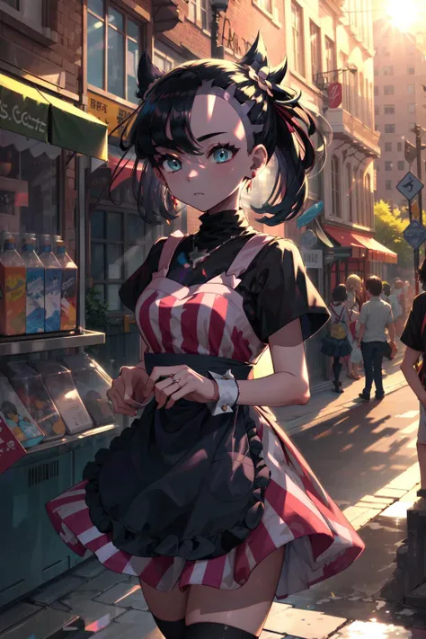 masterpiece,best quality,1girl,hmmarnie,aqua eyes,hair ornament,earrings,jewelry,vertical-striped dress,black apron,short sleeves,wrist cuffs,black thighhighs,(expressionless),street,cityscape,sunlight,<lora:marnie_v1:0.7>,