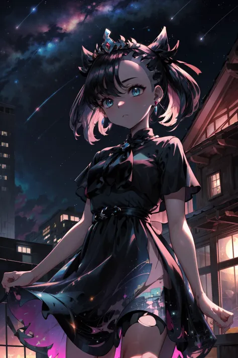 masterpiece,best quality,1girl,hmmarnie,aqua eyes,black ribbon,tiara,earrings,jewelry,belt,black dress,pink dress,short sleeves,bow,(expressionless),roof,cityscape,starry sky,<lora:marnie_v1:0.7>,