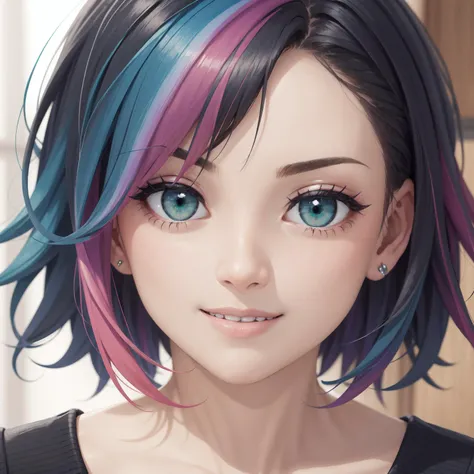 best quality, highly detailed, close up, female, face, short hair, smile, (hair highlights:1.3), (multicolored hair:1.3), green eyes