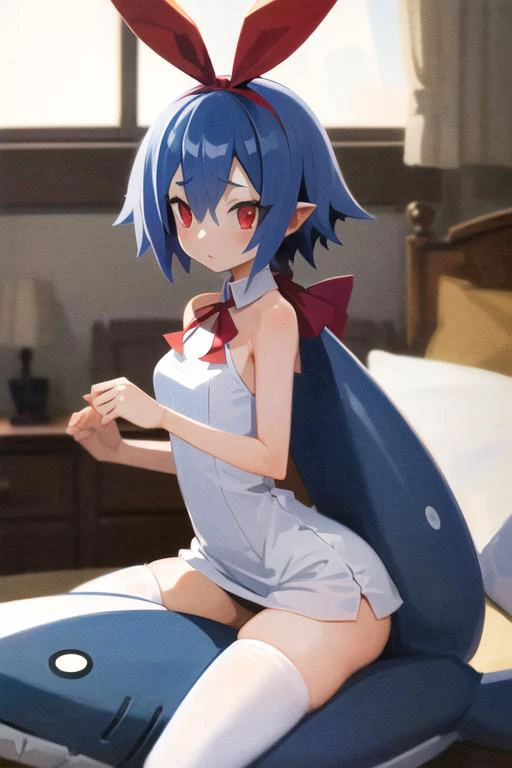 (masterpiece, best quality, highres, absurdres, ultra-detailed:1.3), 1girl, solo, ((in bedroom, riding a plush shark bodypillow)),  <lora:disgaea_pleinair_v1:0.3>(pleinair, hair ribbon,  white dress, ribbon,  white thighhighs, bare shoulders, red eyes), (l...