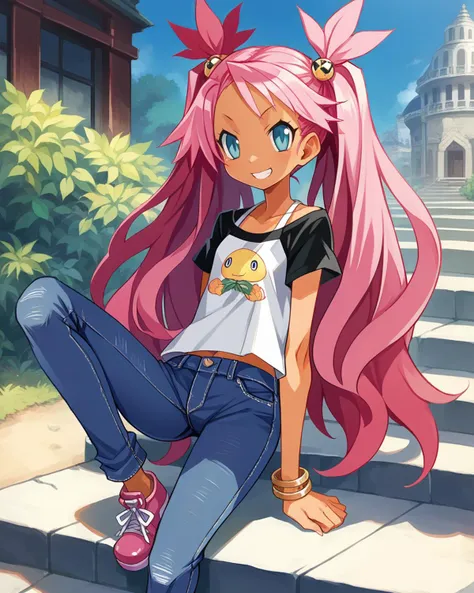 score_9, score_8_up, score_7_up, source_anime, solo, 1girl, pink hair, long hair, twintails, seductive smile, jeans, xanadu civilization, , tan, harada takehito, <lora:harada_takehito_PDXL-000001:1>