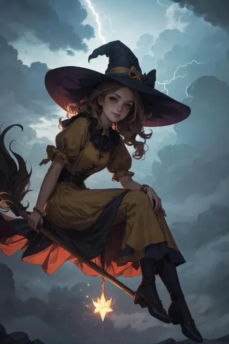 a woman in a witch costume is flying on a broom