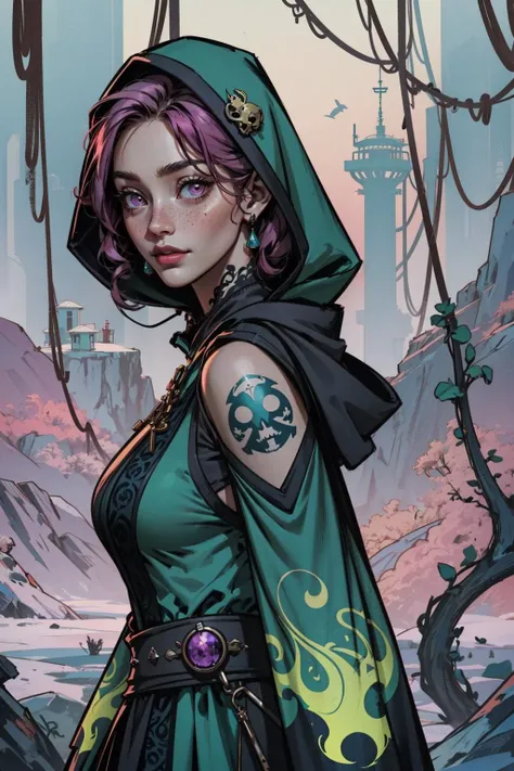 a woman in a green cloak and purple hair standing in front of a mountain