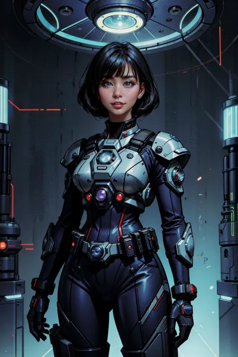 a woman in a futuristic suit standing in front of a spaceship