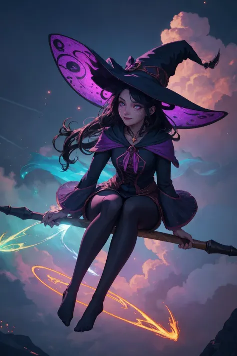 a woman in a witch costume sitting on a broom with a purple hat