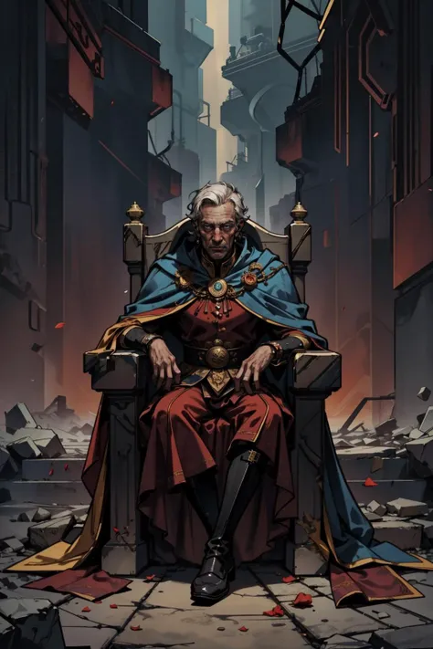 a man sitting on a throne in a city with a sword