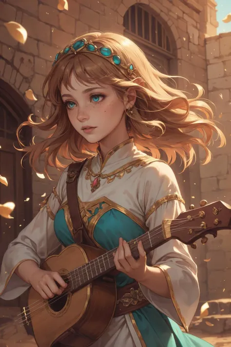 a girl with a guitar in her hand and a castle in the background