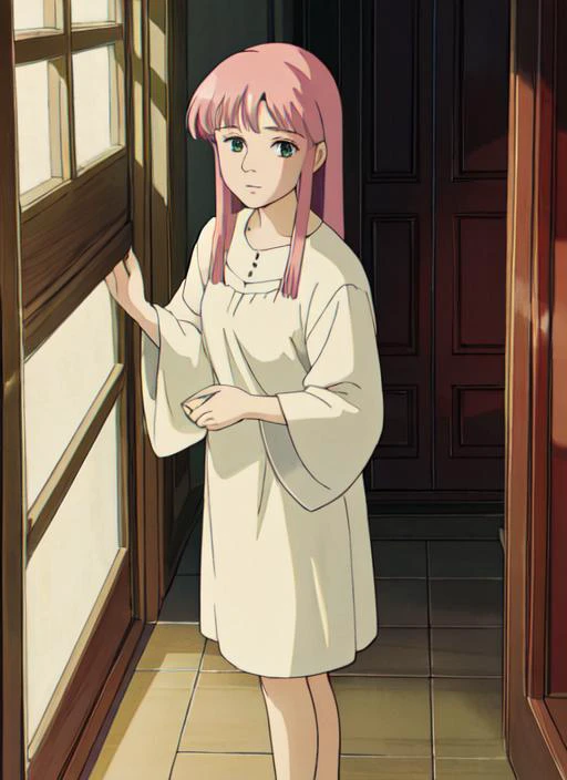 a woman in a white dress standing in front of a door