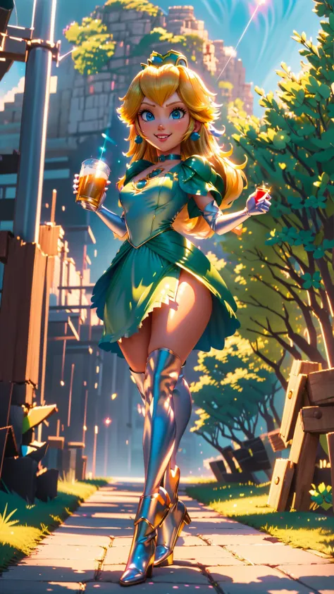 a woman in a green dress and gold boots standing on a sidewalk