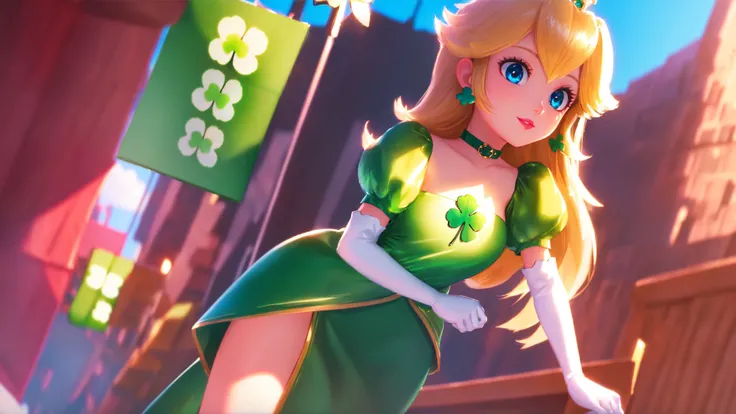 <lora:mpeachv6:0.8>,highres,perfect lighting,beautiful light,cinematic lighting,bloom:0.7,high detailed,day,(st patricks day:1.2),official art,best quality,bokeh,outdoors,village,town,masterpiece,colorful:0.8,dynamic angle,standing,adult,blonde hair,female...