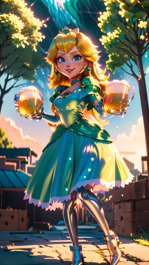 a cartoon girl in a green dress holding two beer glasses