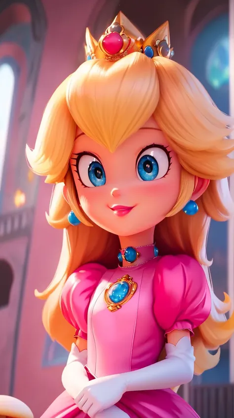 highres,bright,beautiful light,masterpiece,perfect lighting,bloom,cinematic lighting,cowboy shot,adult,choker,blue eyes,sensual,mushrooms,mushroom kingdom,(day:1.3),looking at viewer,(PrincessPeach),female,skinny,<lora:mpeachv6:0.8>,smile,pursed lips,((glo...
