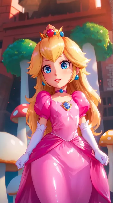 highres,bright,beautiful light,masterpiece,perfect lighting,bloom,cinematic lighting,cowboy shot,adult,choker,blue eyes,sensual,mushrooms,mushroom kingdom,(day:1.3),looking at viewer,(PrincessPeach),female,skinny,<lora:mpeachv6:0.8>,smile,pursed lips,((glo...