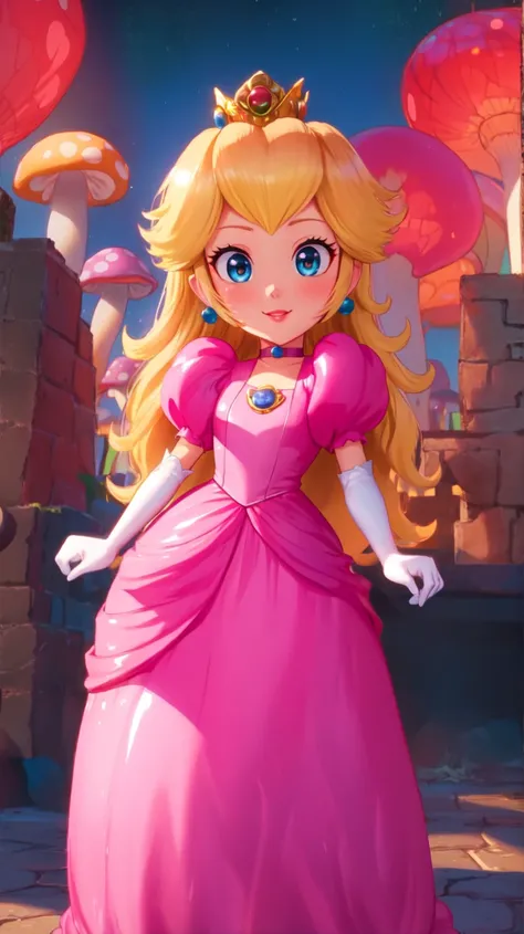 highres,bright,beautiful light,masterpiece,perfect lighting,bloom,cinematic lighting,cowboy shot,adult,choker,blue eyes,sensual,mushrooms,mushroom kingdom,(day:1.3),looking at viewer,(PrincessPeach),female,skinny,<lora:mpeachv6:0.8>,smile,pursed lips,((glo...