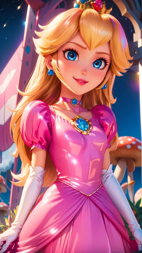 highres,bright,beautiful light,masterpiece,perfect lighting,bloom,cinematic lighting,cowboy shot,adult,choker,blue eyes,sensual,mushrooms,mushroom kingdom,(day:1.3),looking at viewer,(PrincessPeach),female,skinny,<lora:mpeachv6:0.8>,smile,pursed lips,((glo...