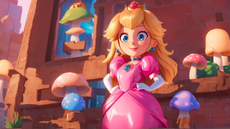 highres,bright,beautiful light,masterpiece,perfect lighting,bloom,cinematic lighting,cowboy shot,adult,choker,blue eyes,sensual,mushrooms,mushroom kingdom,(day:1.3),looking at viewer,(PrincessPeach),female,skinny,<lora:mpeachv6:0.8>,smile,pursed lips,((glo...