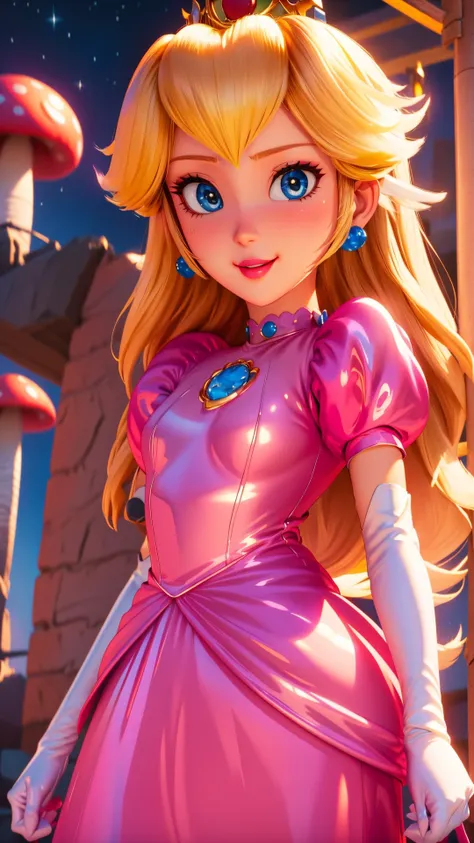 a close up of a princess in a pink dress standing in front of a mushroom