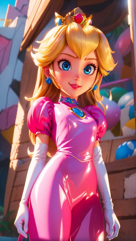 highres,bright,beautiful light,masterpiece,perfect lighting,bloom,cinematic lighting,cowboy shot,adult,choker,blue eyes,sensual,mushrooms,mushroom kingdom,(day:1.3),looking at viewer,(PrincessPeach),female,skinny,<lora:mpeachv6:0.8>,smile,pursed lips,((glo...