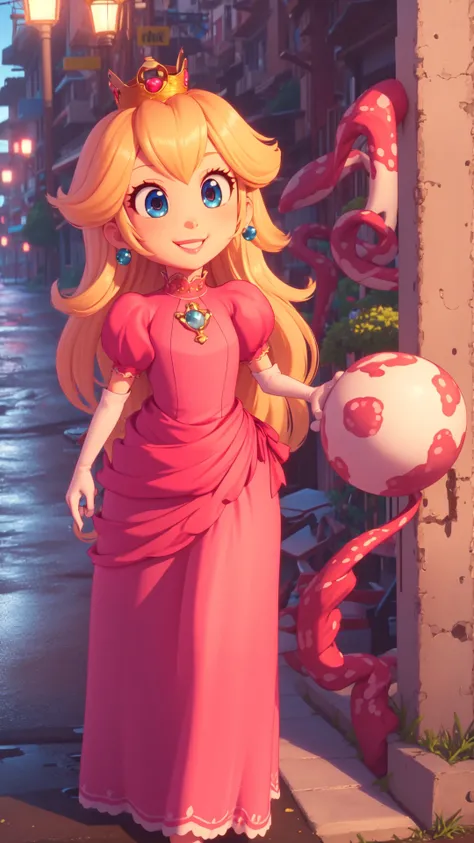 8k,highres,wallpaper,best quality,3d animation,1girl,looking at viewer,crown,pink long dress,outdoors,street,smile,<lora:mpeachv3:0.8>,blonde hair,