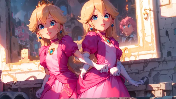 two anime characters dressed in pink dresses stand in front of a window