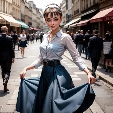 woman in a skirt and shirt is standing on a city street