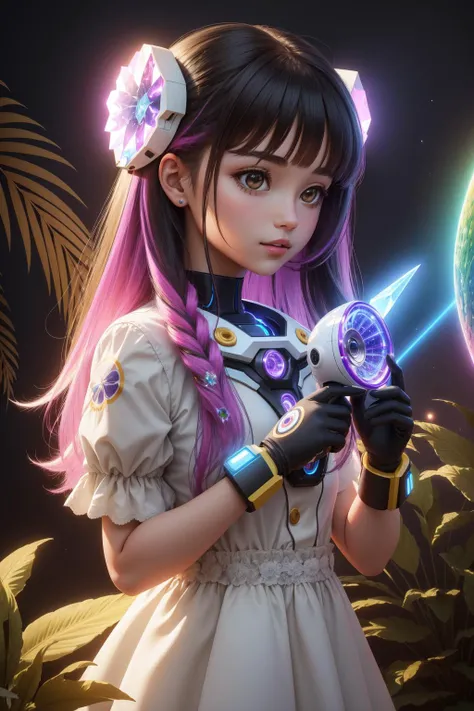 1girl, masterpiece of Bone Hair dryer with plants inside, Acid colors nature and Space-time continuum in background, glowing, crystals, high quality, high detail, best quality, rtx, 4k, 8k